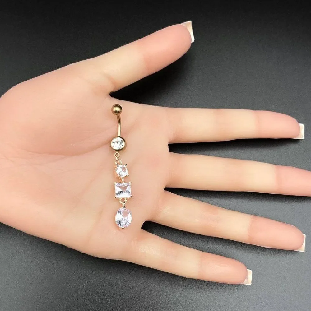 316L Stainless Steel with White Diamond Cubic Zirconia Dangling 14G Belly Ring